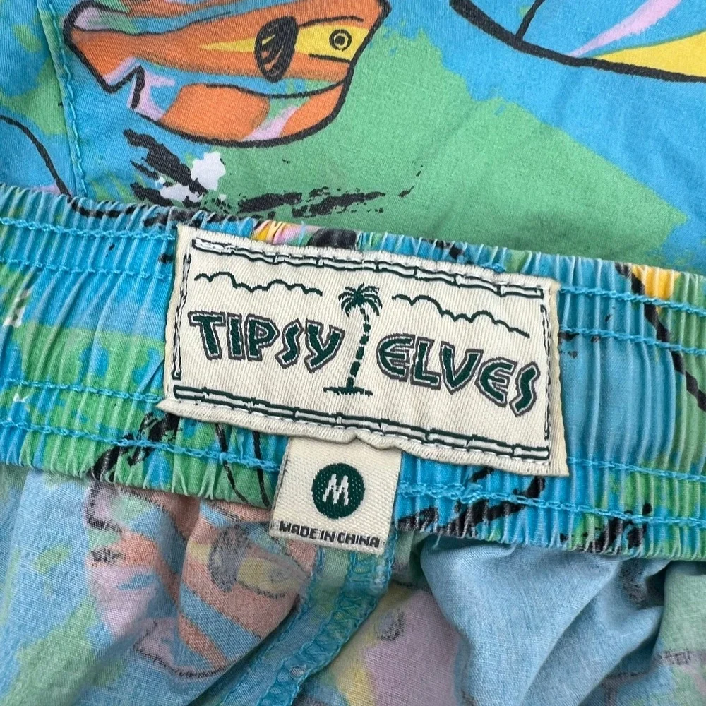 Tipsy Elves Mens Teal Tropical Fish Print Cotton Swim Trunks Size Medium M